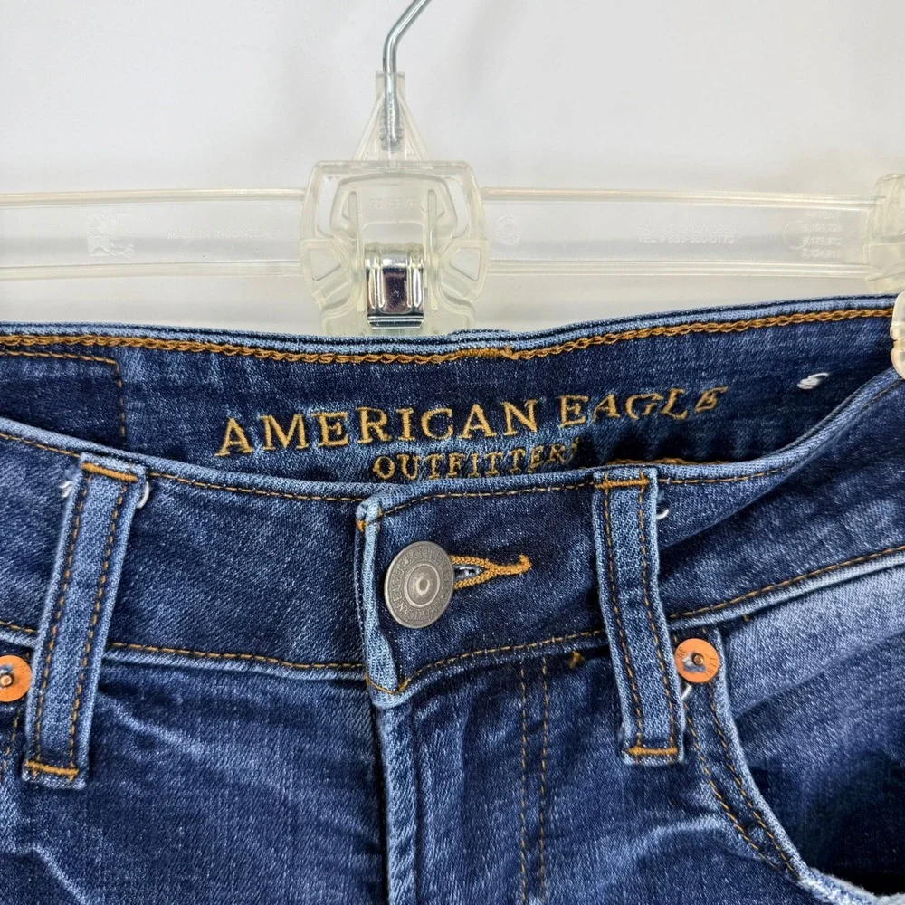 American Eagle Slim Straight Jeans Womens 28x32‎ Dark Wash Distressed Denim